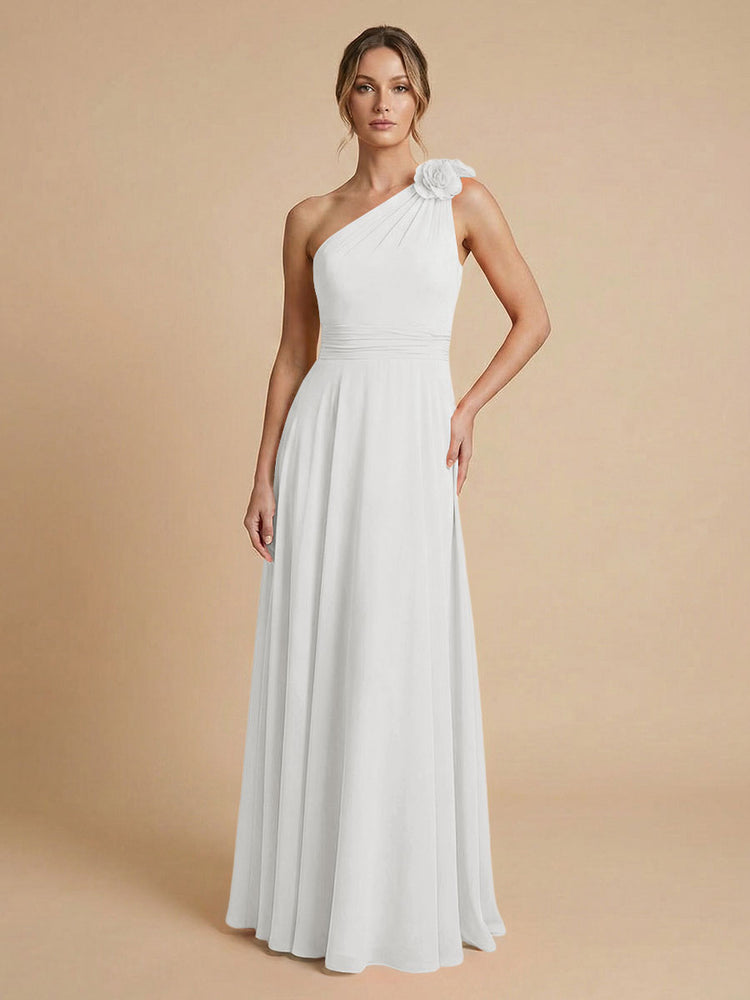 Chiffon A-Line One Shoulder Long Bridesmaid Dresses with 3D Flowers