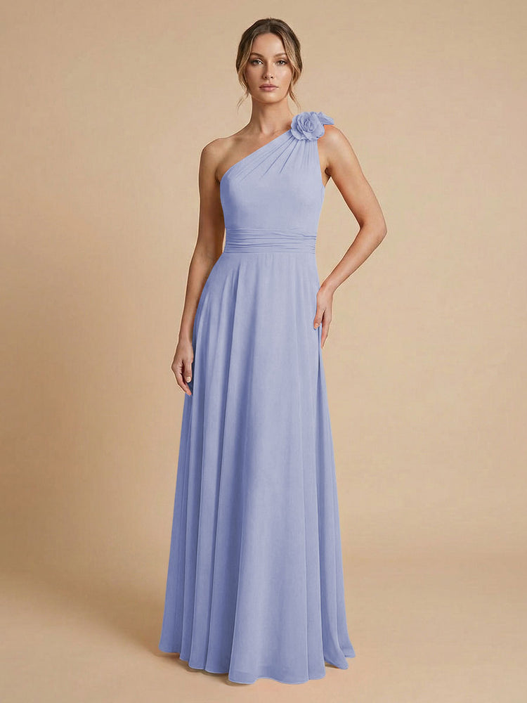 Chiffon A-Line One Shoulder Long Bridesmaid Dresses with 3D Flowers