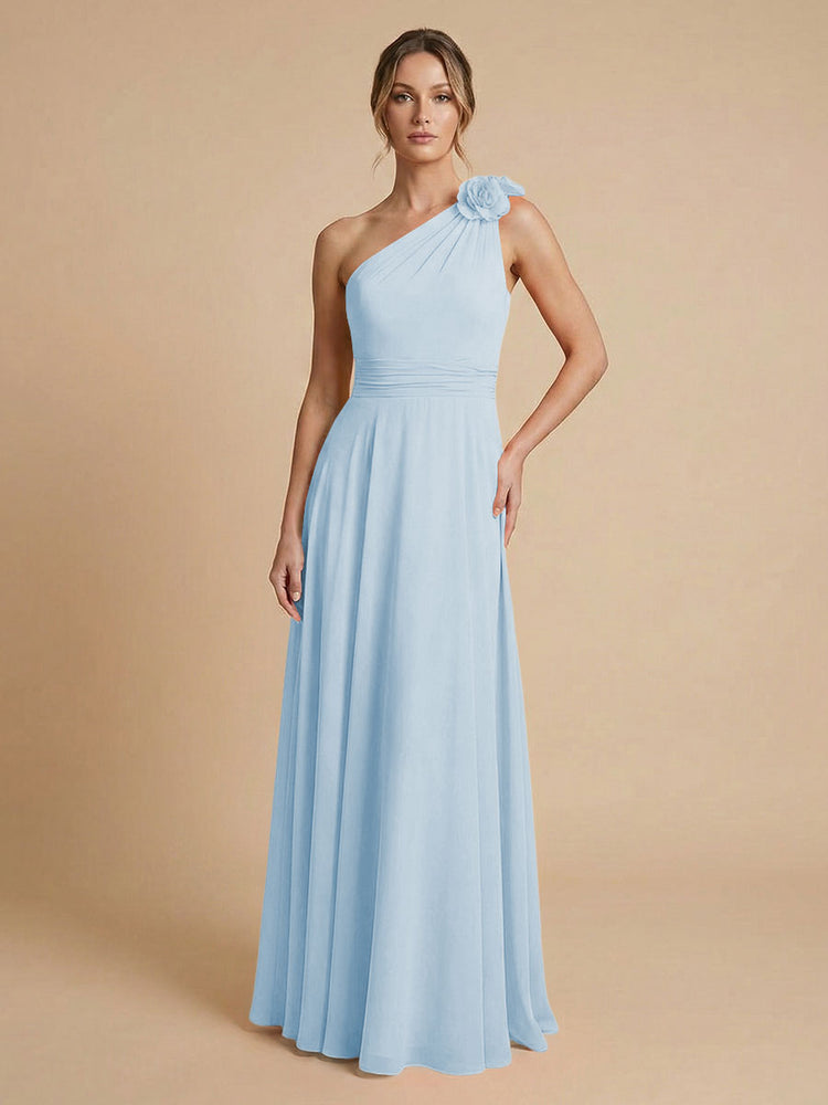Chiffon A-Line One Shoulder Long Bridesmaid Dresses with 3D Flowers