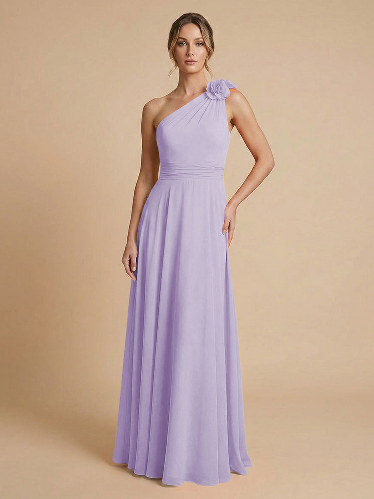 Chiffon A-Line One Shoulder Long Bridesmaid Dresses with 3D Flowers