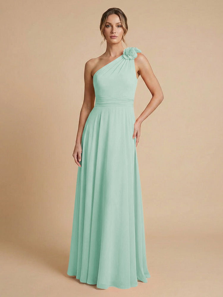 Chiffon A-Line One Shoulder Long Bridesmaid Dresses with 3D Flowers