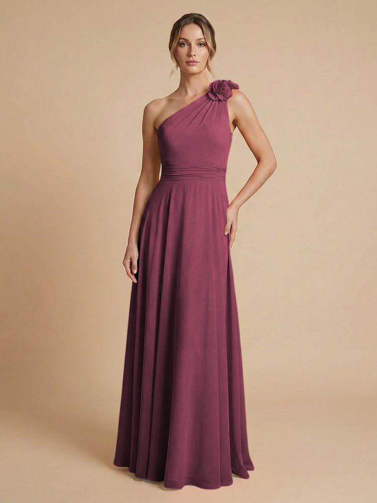 Chiffon A-Line One Shoulder Long Bridesmaid Dresses with 3D Flowers