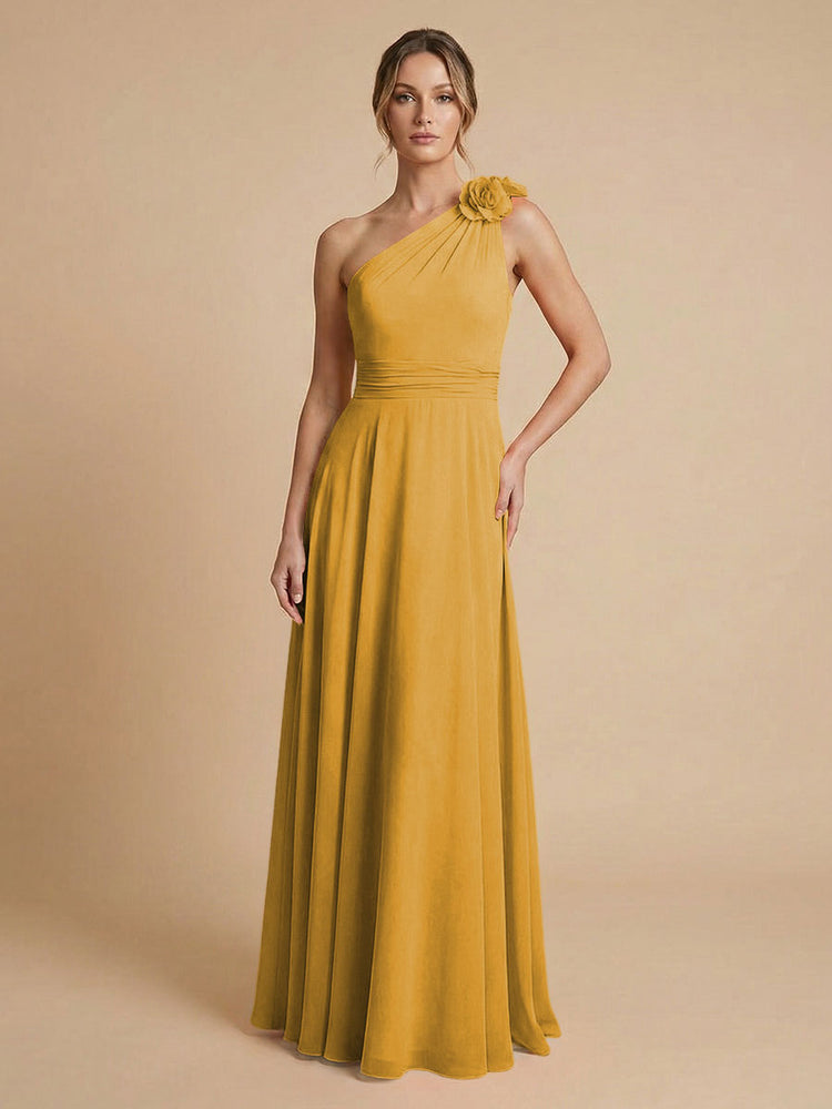 Chiffon A-Line One Shoulder Long Bridesmaid Dresses with 3D Flowers