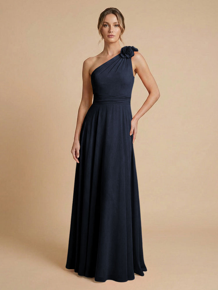 Chiffon A-Line One Shoulder Long Bridesmaid Dresses with 3D Flowers