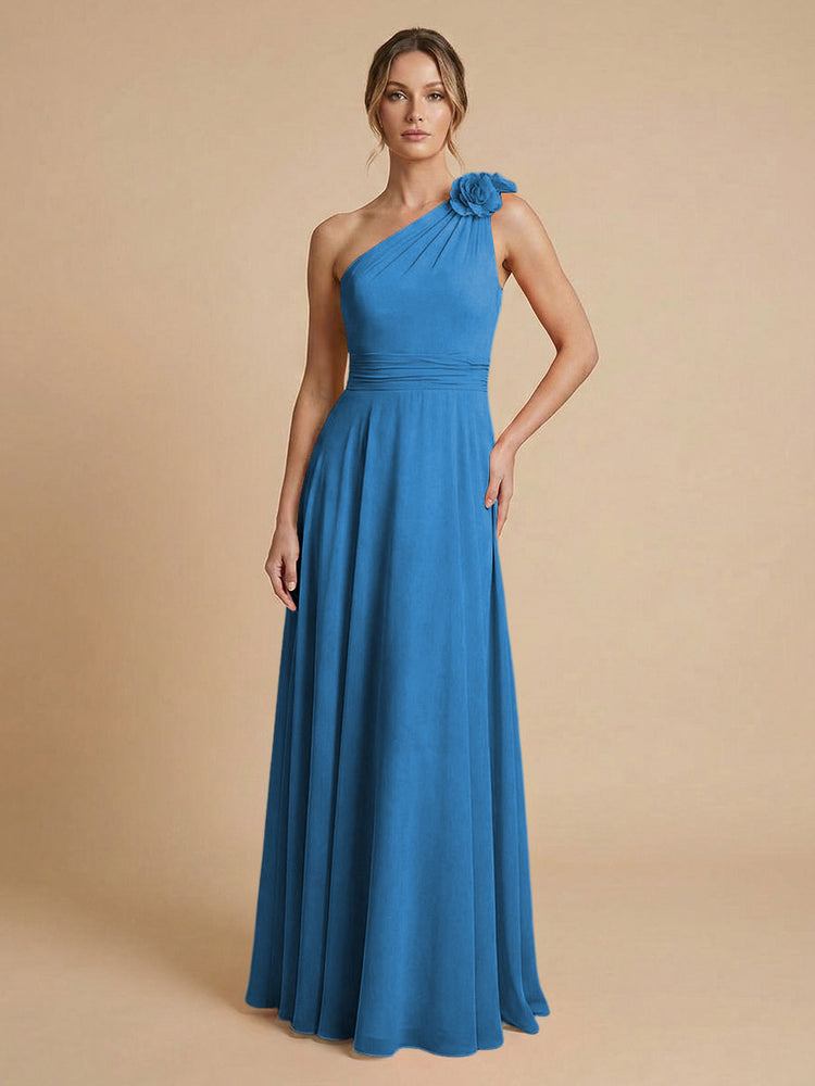 Chiffon A-Line One Shoulder Long Bridesmaid Dresses with 3D Flowers