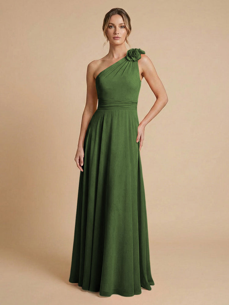 Chiffon A-Line One Shoulder Long Bridesmaid Dresses with 3D Flowers