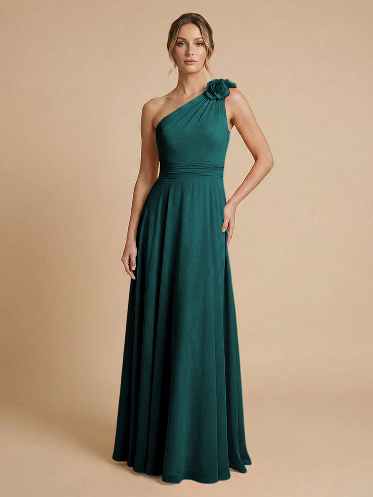 Chiffon A-Line One Shoulder Long Bridesmaid Dresses with 3D Flowers