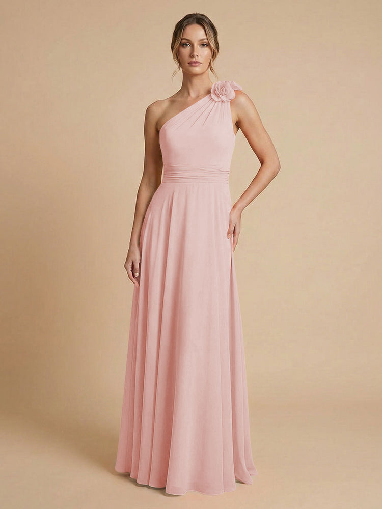Chiffon A-Line One Shoulder Long Bridesmaid Dresses with 3D Flowers