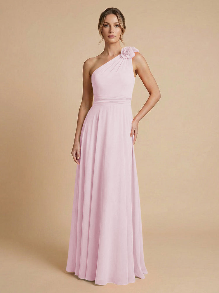 Chiffon A-Line One Shoulder Long Bridesmaid Dresses with 3D Flowers