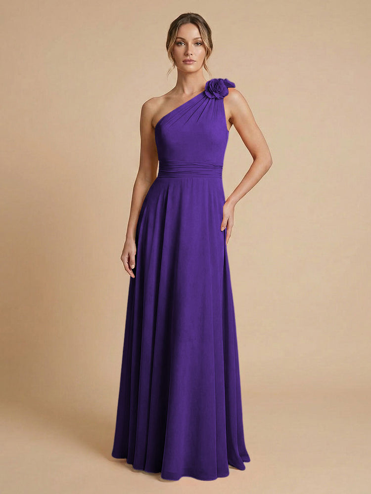 Chiffon A-Line One Shoulder Long Bridesmaid Dresses with 3D Flowers
