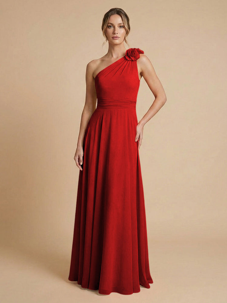 Chiffon A-Line One Shoulder Long Bridesmaid Dresses with 3D Flowers