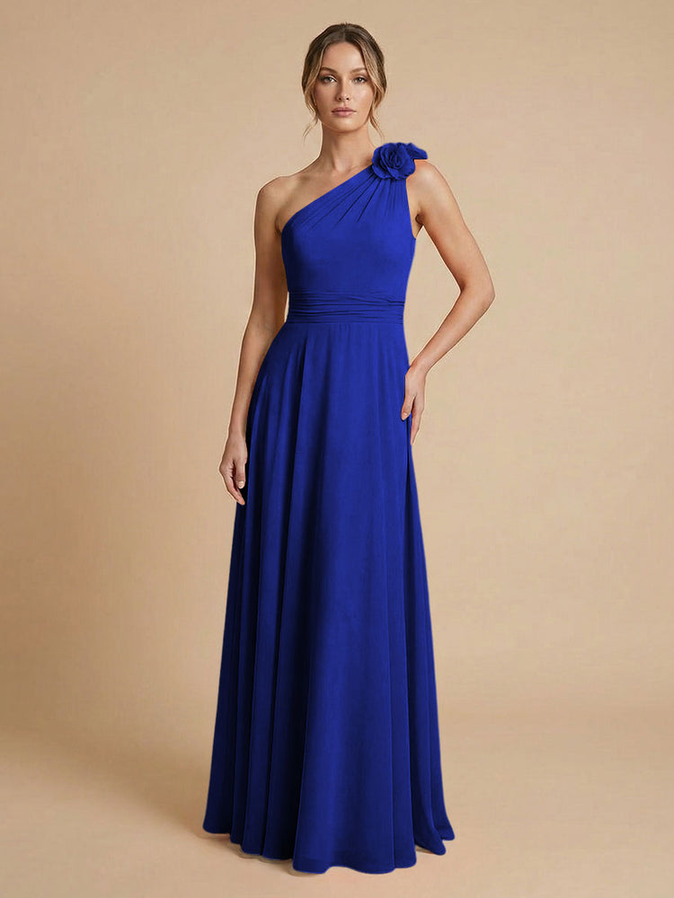 Chiffon A-Line One Shoulder Long Bridesmaid Dresses with 3D Flowers