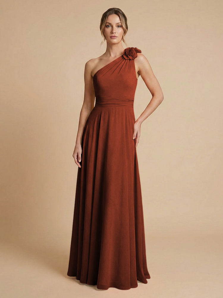 Chiffon A-Line One Shoulder Long Bridesmaid Dresses with 3D Flowers