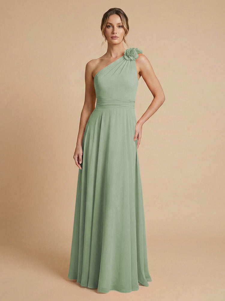Chiffon A-Line One Shoulder Long Bridesmaid Dresses with 3D Flowers