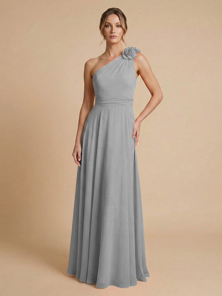 Chiffon A-Line One Shoulder Long Bridesmaid Dresses with 3D Flowers