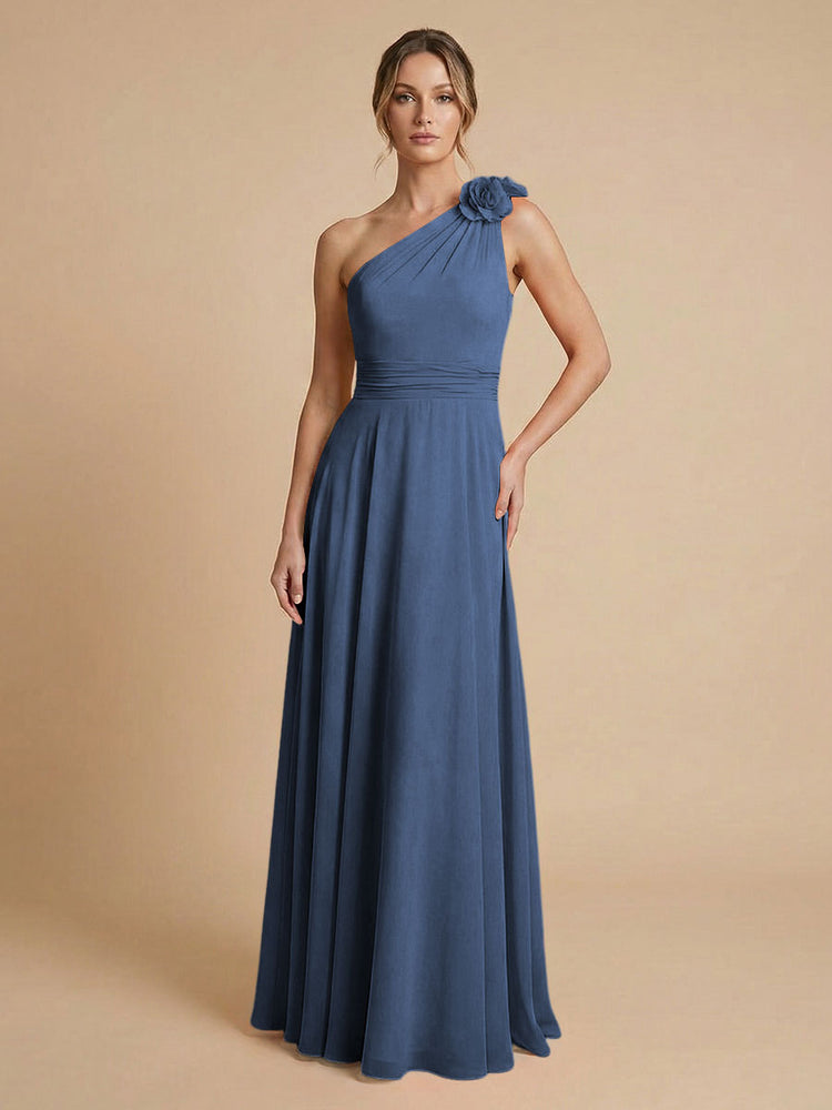 Chiffon A-Line One Shoulder Long Bridesmaid Dresses with 3D Flowers