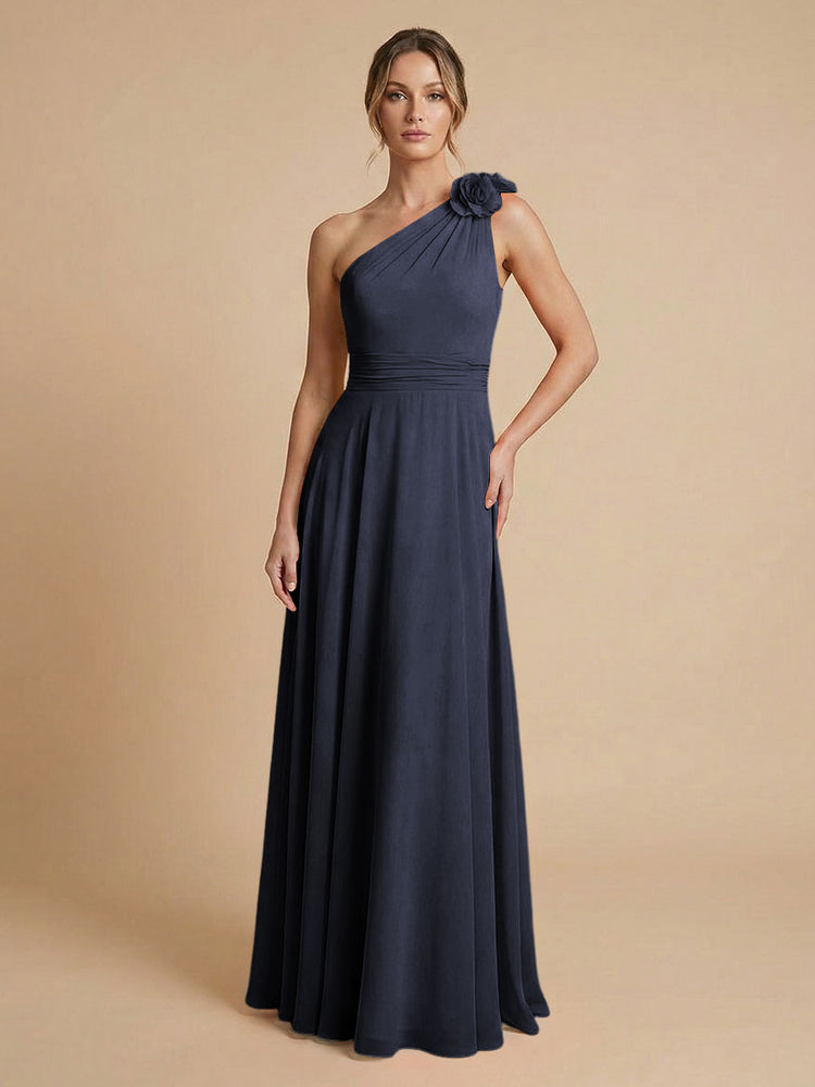 Chiffon A-Line One Shoulder Long Bridesmaid Dresses with 3D Flowers