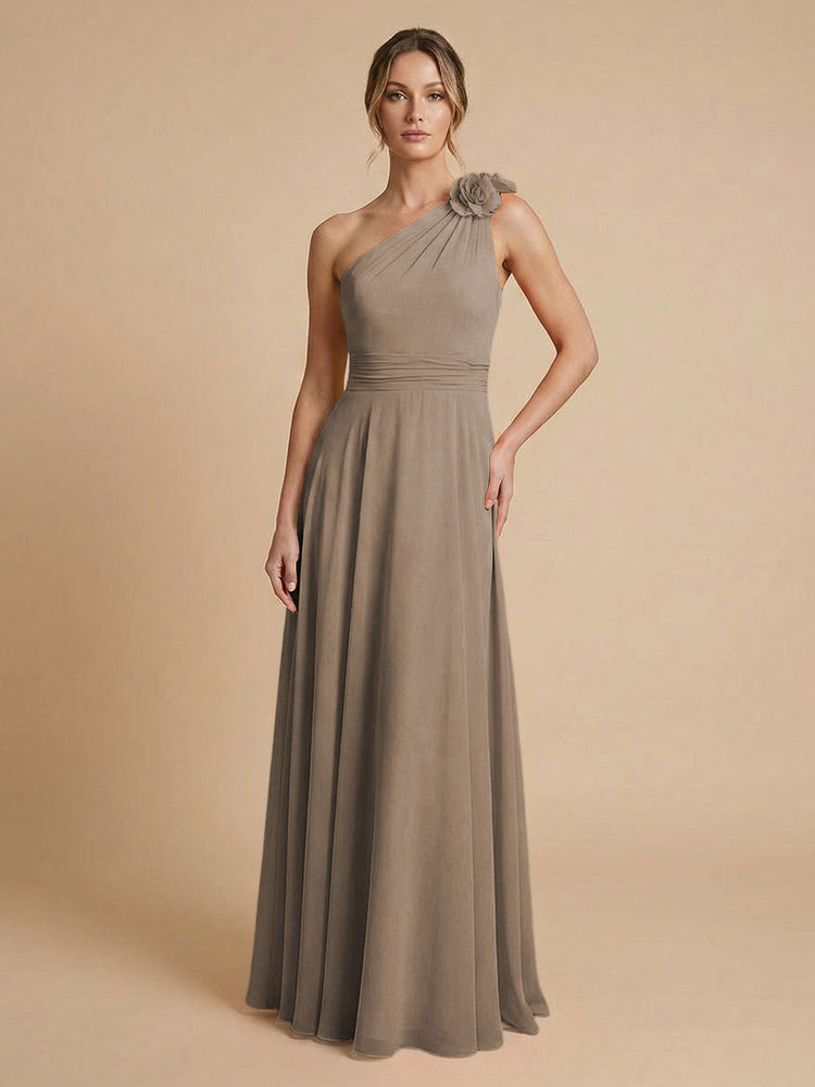 Chiffon A-Line One Shoulder Long Bridesmaid Dresses with 3D Flowers