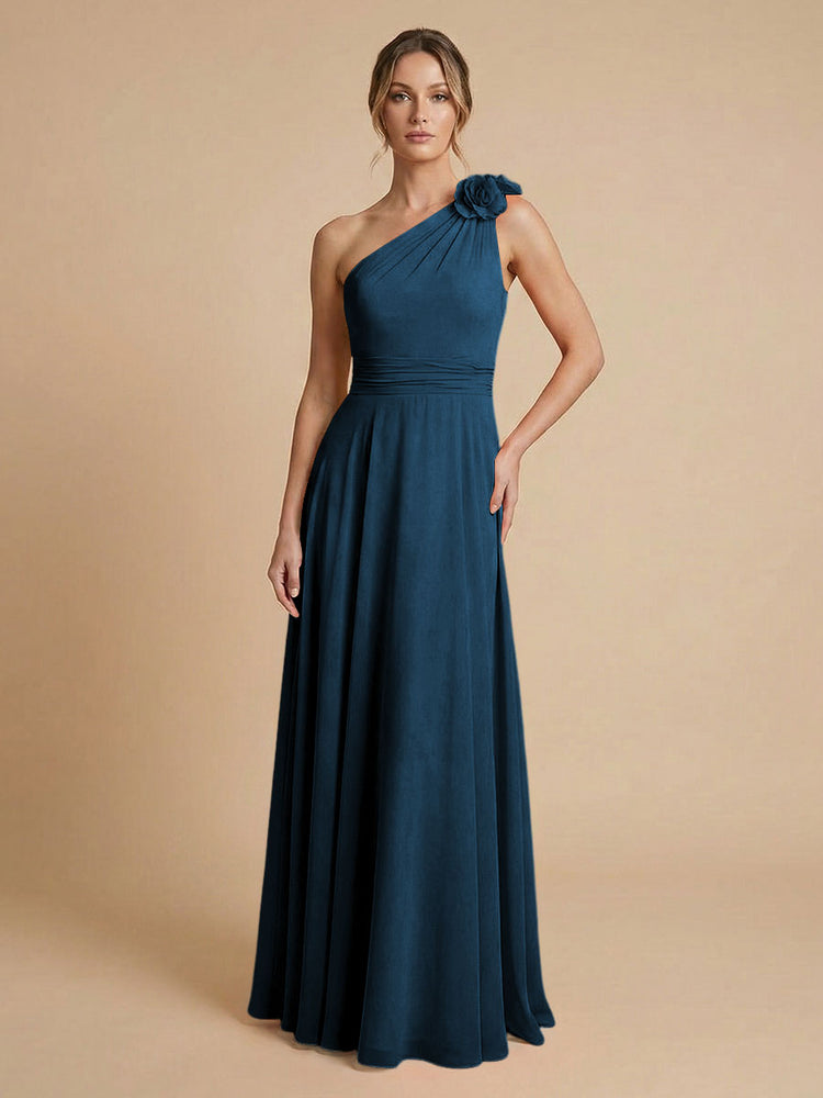 Chiffon A-Line One Shoulder Long Bridesmaid Dresses with 3D Flowers