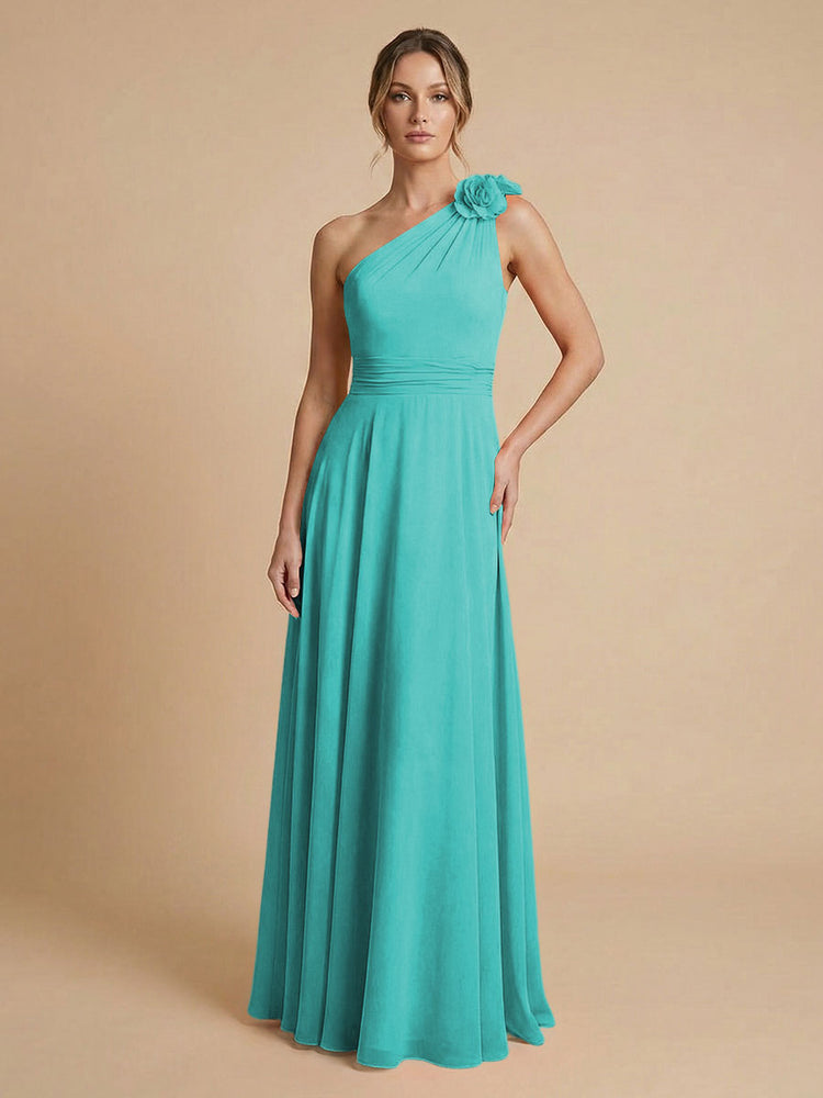 Chiffon A-Line One Shoulder Long Bridesmaid Dresses with 3D Flowers