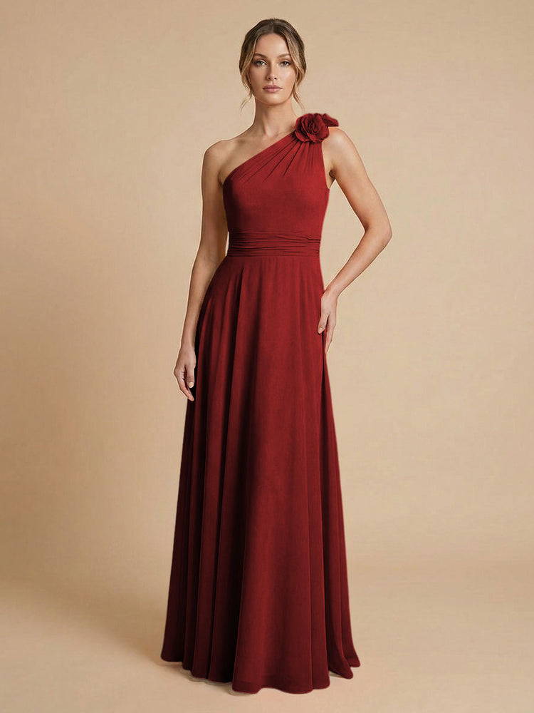 Chiffon A-Line One Shoulder Long Bridesmaid Dresses with 3D Flowers