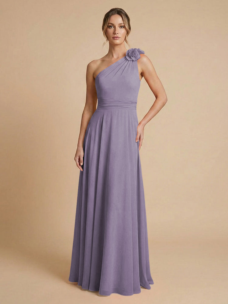 Chiffon A-Line One Shoulder Long Bridesmaid Dresses with 3D Flowers