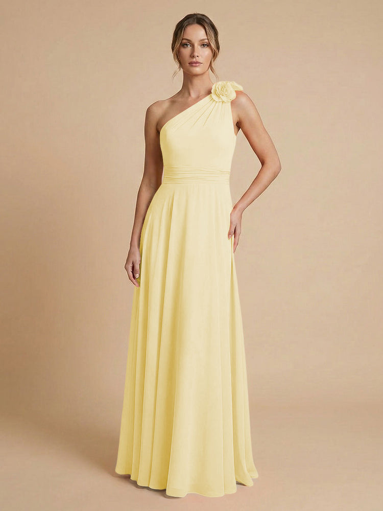 Chiffon A-Line One Shoulder Long Bridesmaid Dresses with 3D Flowers