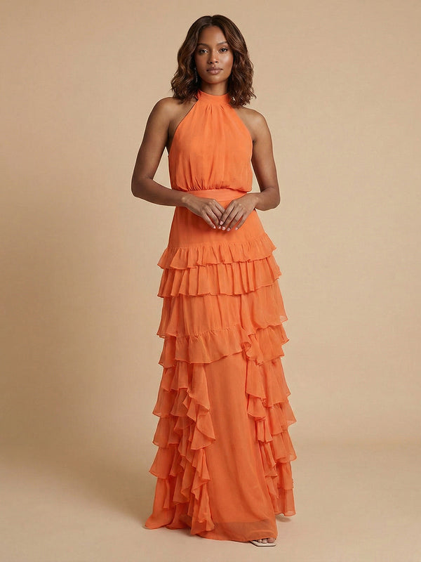 Chiffon A-Line Halter Long Bridesmaid Dresses with Ruffles