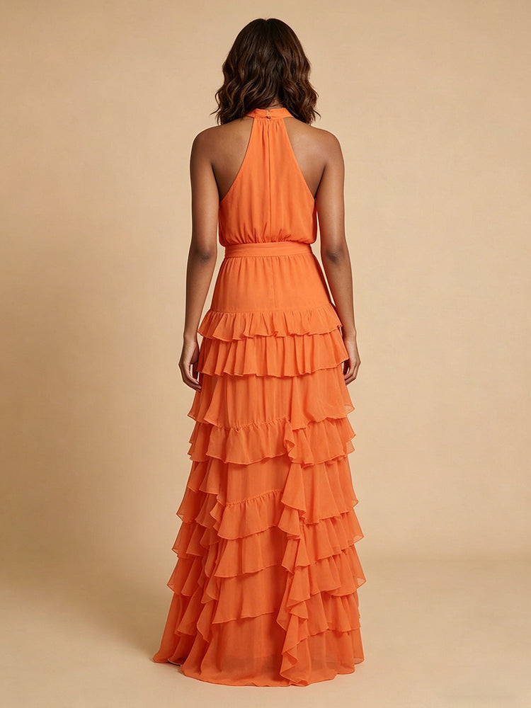 Chiffon A-Line Halter Long Bridesmaid Dresses with Ruffles