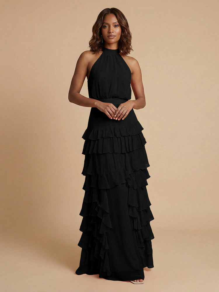 Chiffon A-Line Halter Long Bridesmaid Dresses with Ruffles