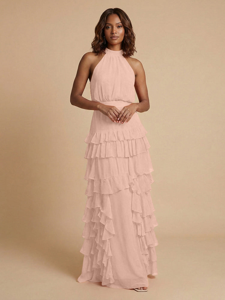 Chiffon A-Line Halter Long Bridesmaid Dresses with Ruffles