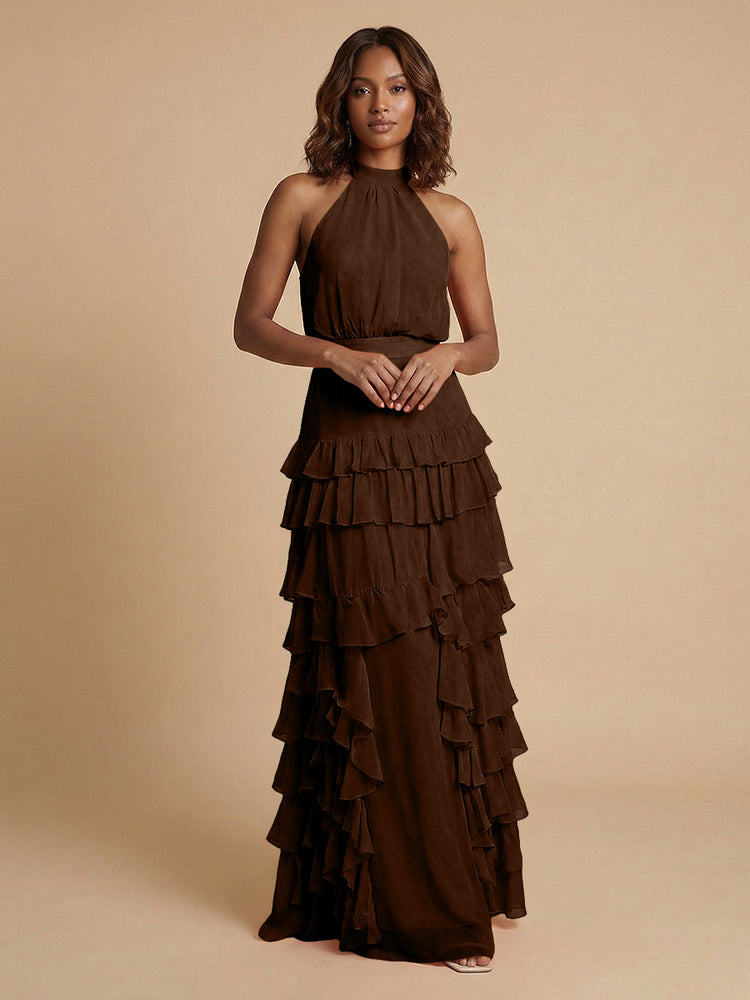 Chiffon A-Line Halter Long Bridesmaid Dresses with Ruffles