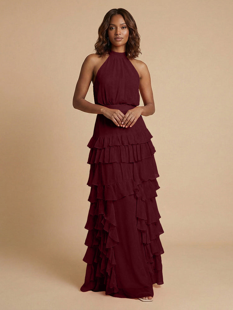 Chiffon A-Line Halter Long Bridesmaid Dresses with Ruffles