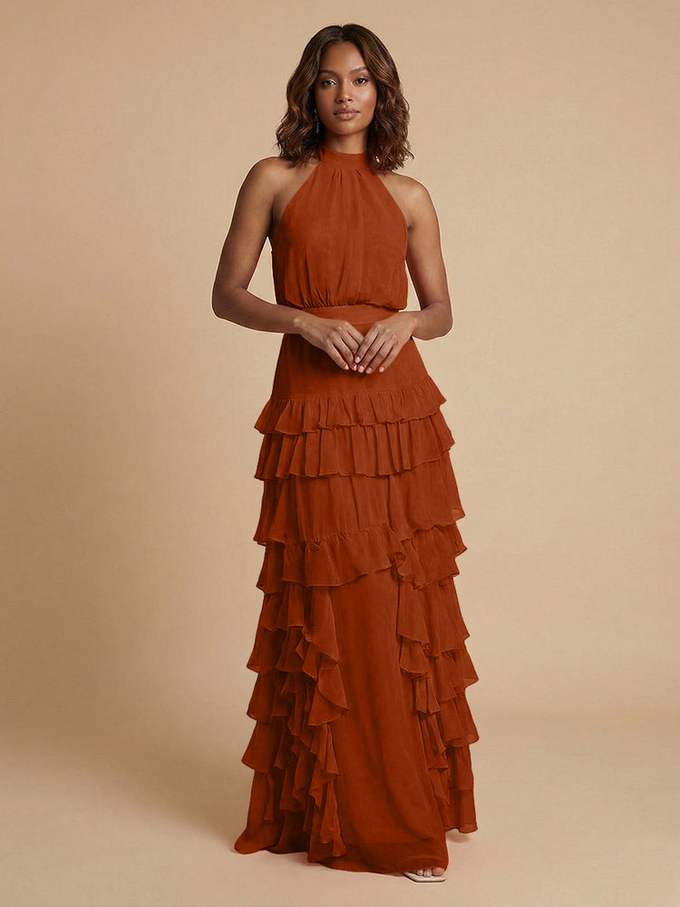 Chiffon A-Line Halter Long Bridesmaid Dresses with Ruffles