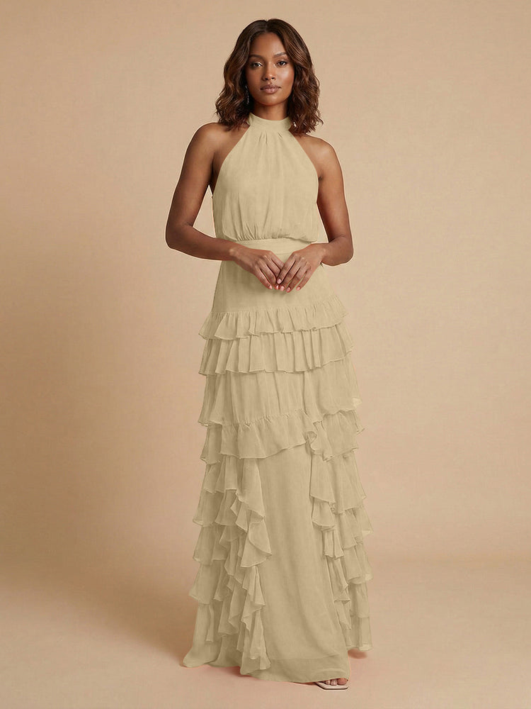 Chiffon A-Line Halter Long Bridesmaid Dresses with Ruffles