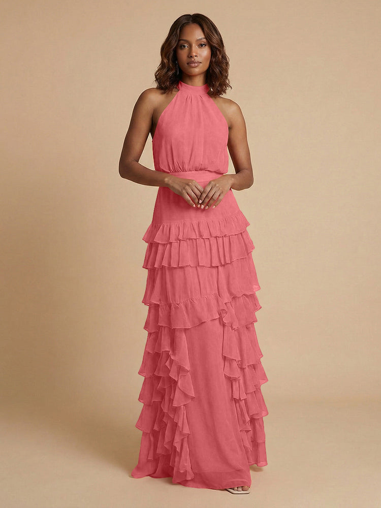 Chiffon A-Line Halter Long Bridesmaid Dresses with Ruffles