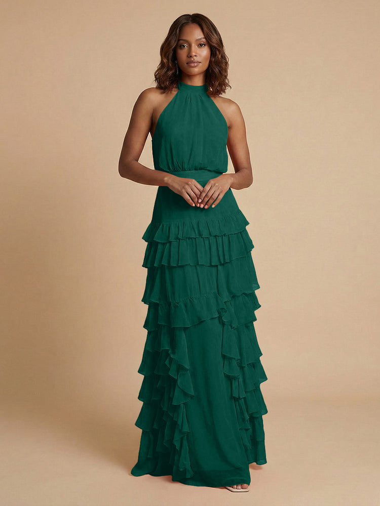 Chiffon A-Line Halter Long Bridesmaid Dresses with Ruffles