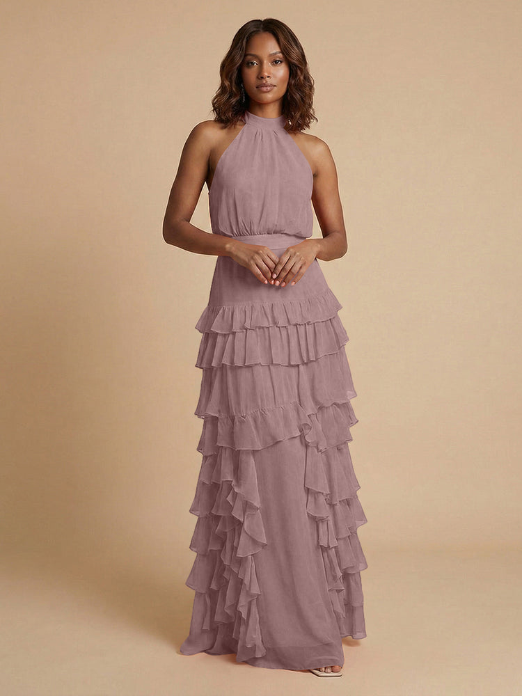 Chiffon A-Line Halter Long Bridesmaid Dresses with Ruffles