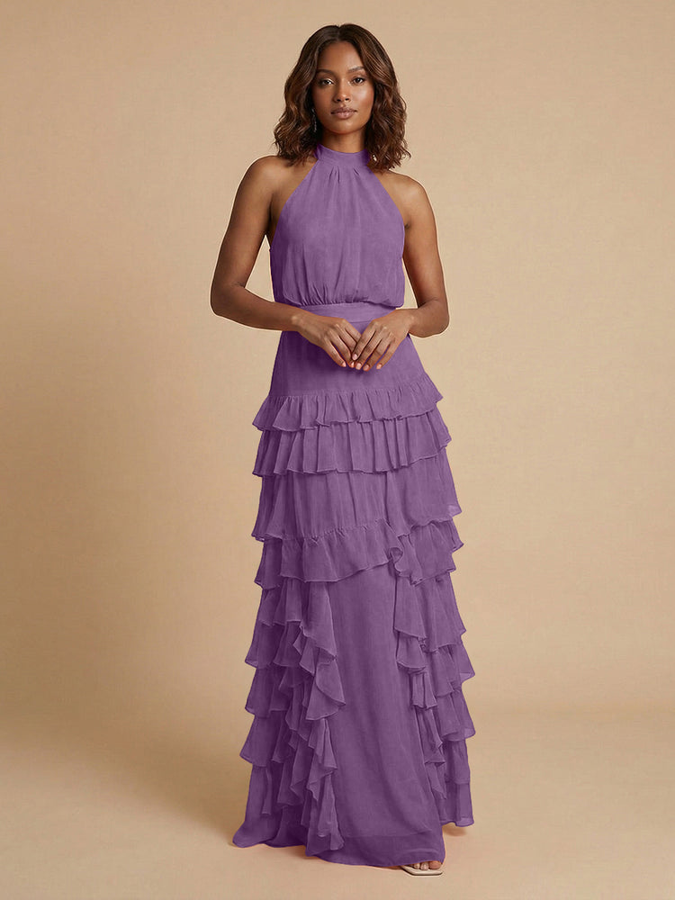 Chiffon A-Line Halter Long Bridesmaid Dresses with Ruffles