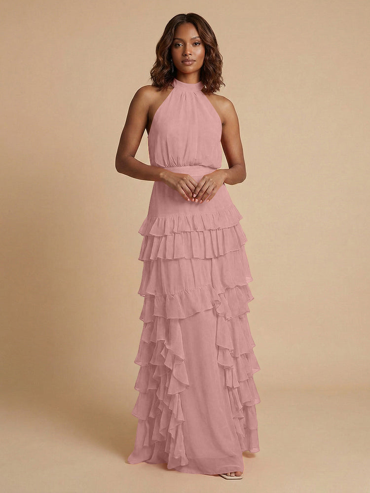 Chiffon A-Line Halter Long Bridesmaid Dresses with Ruffles