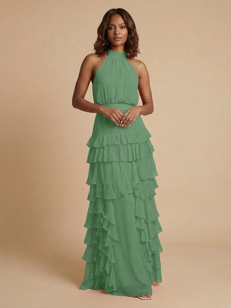 Chiffon A-Line Halter Long Bridesmaid Dresses with Ruffles