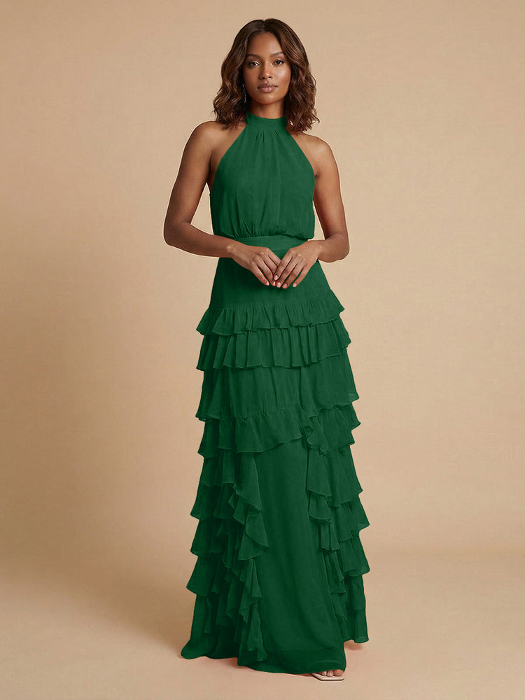 Chiffon A-Line Halter Long Bridesmaid Dresses with Ruffles