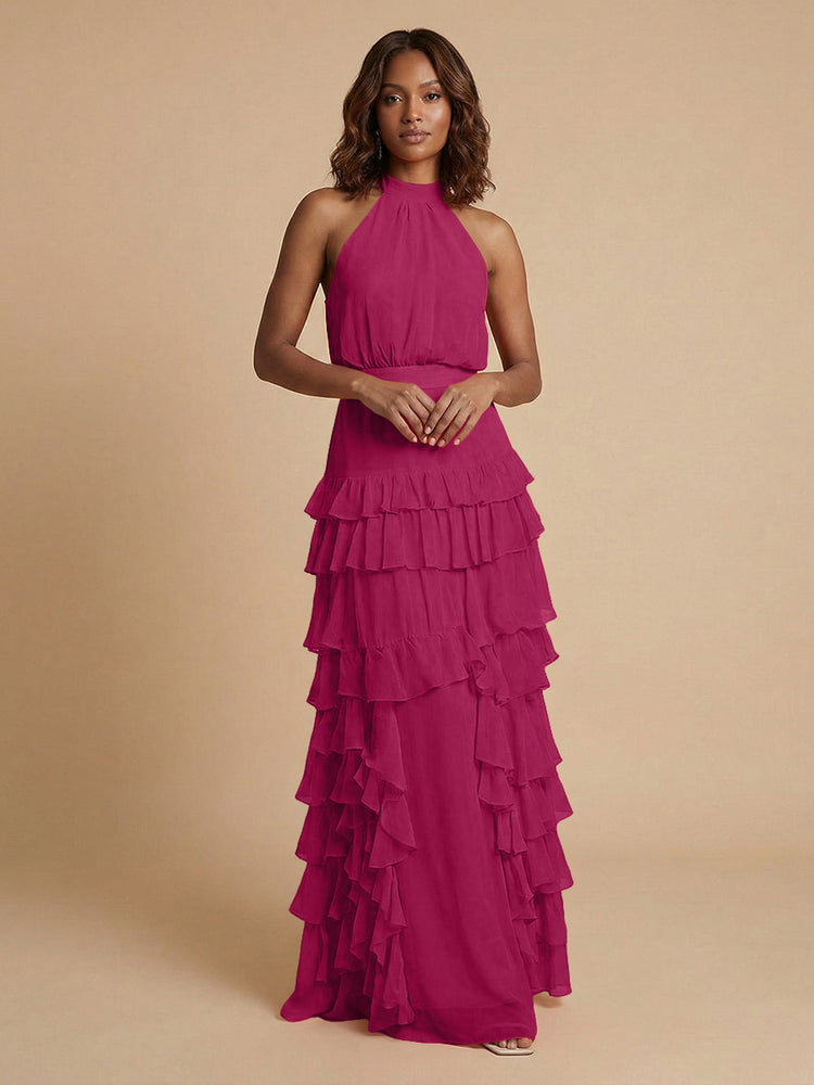 Chiffon A-Line Halter Long Bridesmaid Dresses with Ruffles