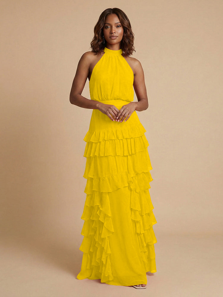 Chiffon A-Line Halter Long Bridesmaid Dresses with Ruffles