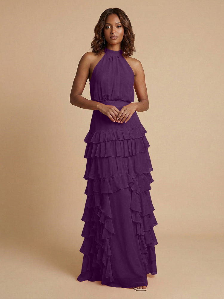 Chiffon A-Line Halter Long Bridesmaid Dresses with Ruffles