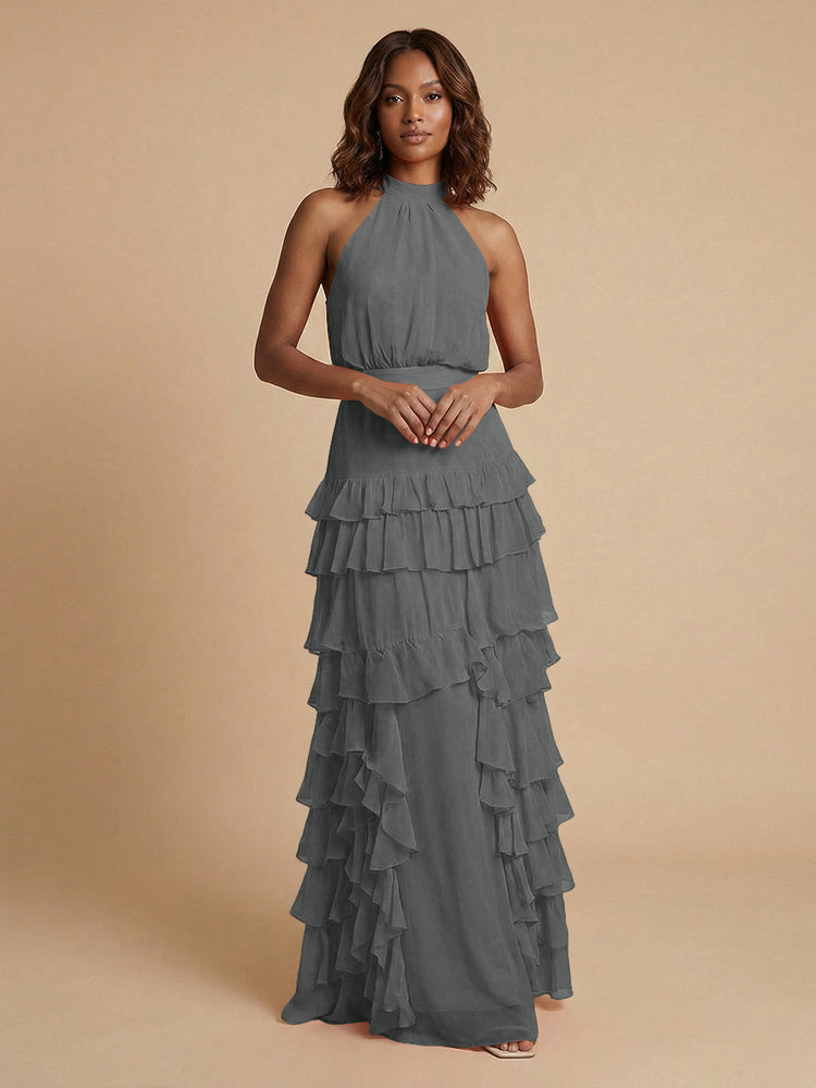 Chiffon A-Line Halter Long Bridesmaid Dresses with Ruffles