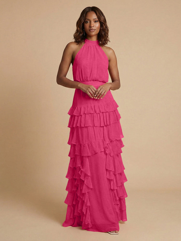 Chiffon A-Line Halter Long Bridesmaid Dresses with Ruffles
