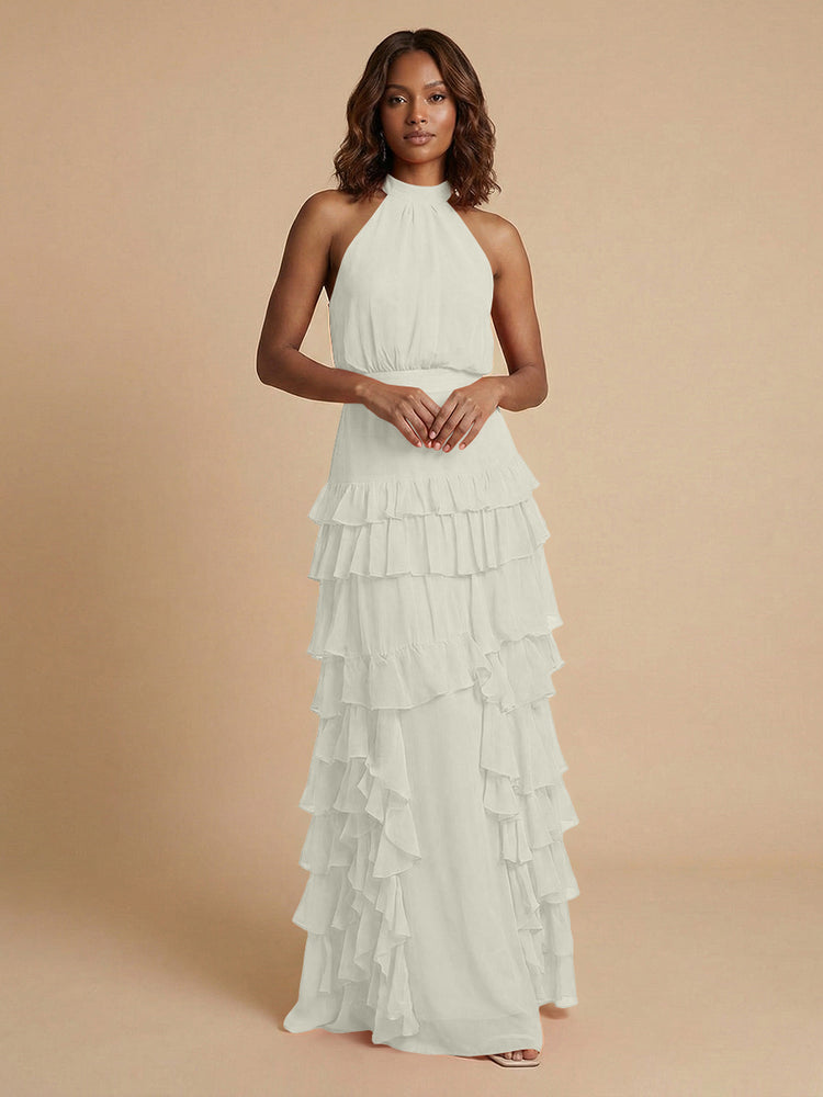 Chiffon A-Line Halter Long Bridesmaid Dresses with Ruffles