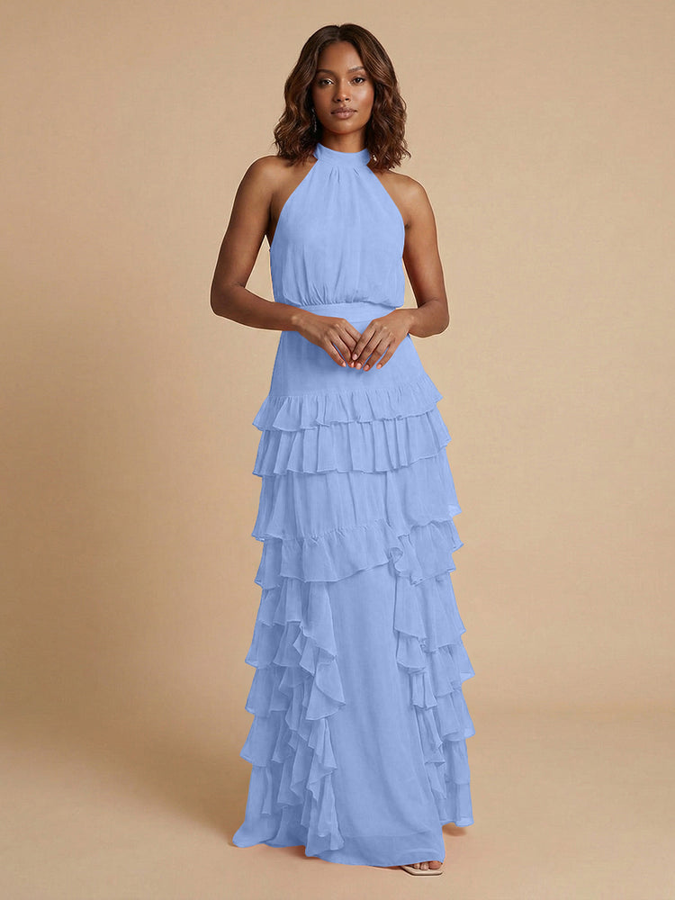 Chiffon A-Line Halter Long Bridesmaid Dresses with Ruffles