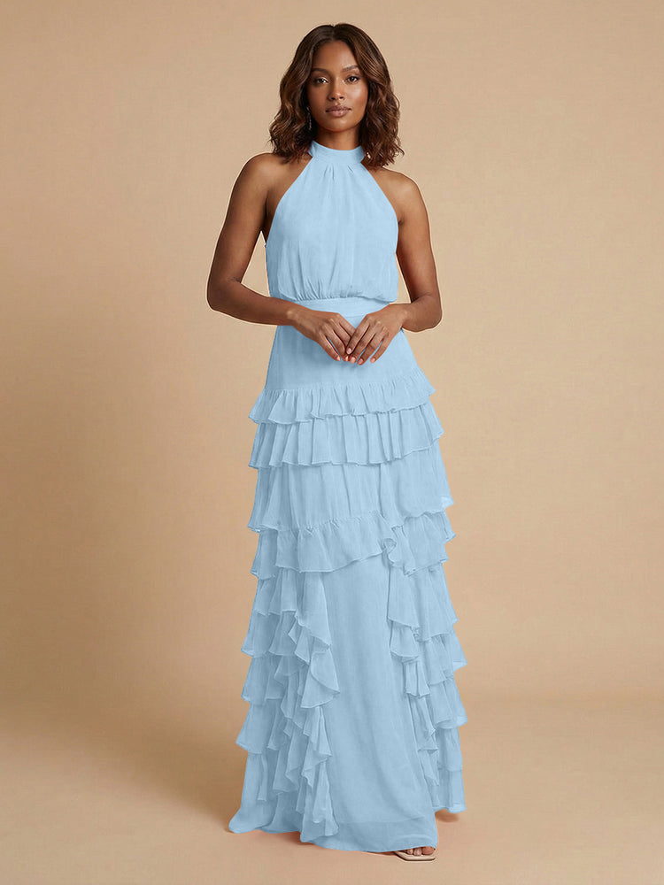 Chiffon A-Line Halter Long Bridesmaid Dresses with Ruffles